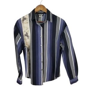 Vtg 90s Roughrider by Circle T Blue Striped Bronc Rider Western Shirt Womens L